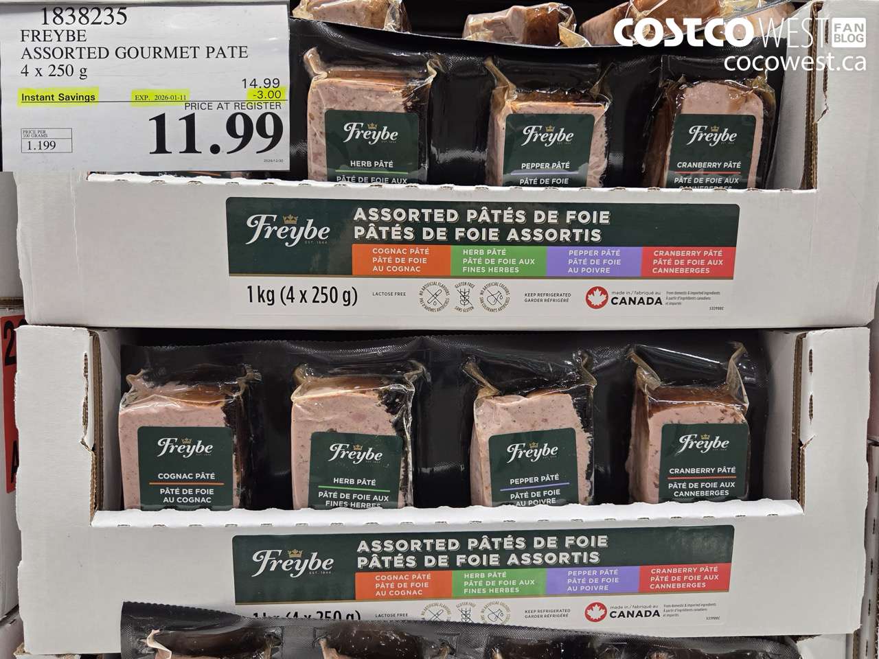 1838235 FREYBE ASSORTED GOURMET PATE 4 X 250G ($3.00 INSTANT SAVINGS EXPIRES ON 2026-01-11) $11.99