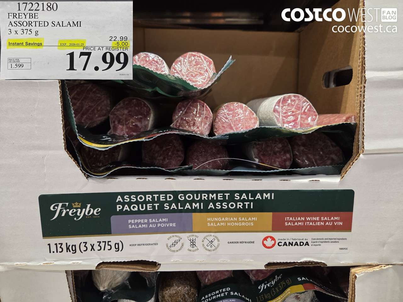 1722180 FREYBE ASSORTED SALAMI 3 x 375 g ($5.00 INSTANT SAVINGS EXPIRES ON 2026-01-25) $17.99
