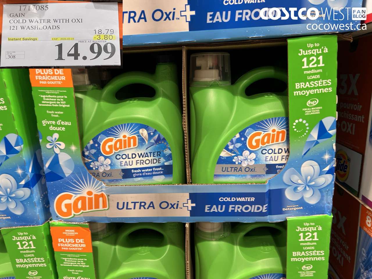 1717085 GAIN COLD WATER OXI LIQUID DETERGENT 121 WASHLOADS ($3.80 INSTANT SAVINGS EXPIRES ON 2026-02-15) $14.99