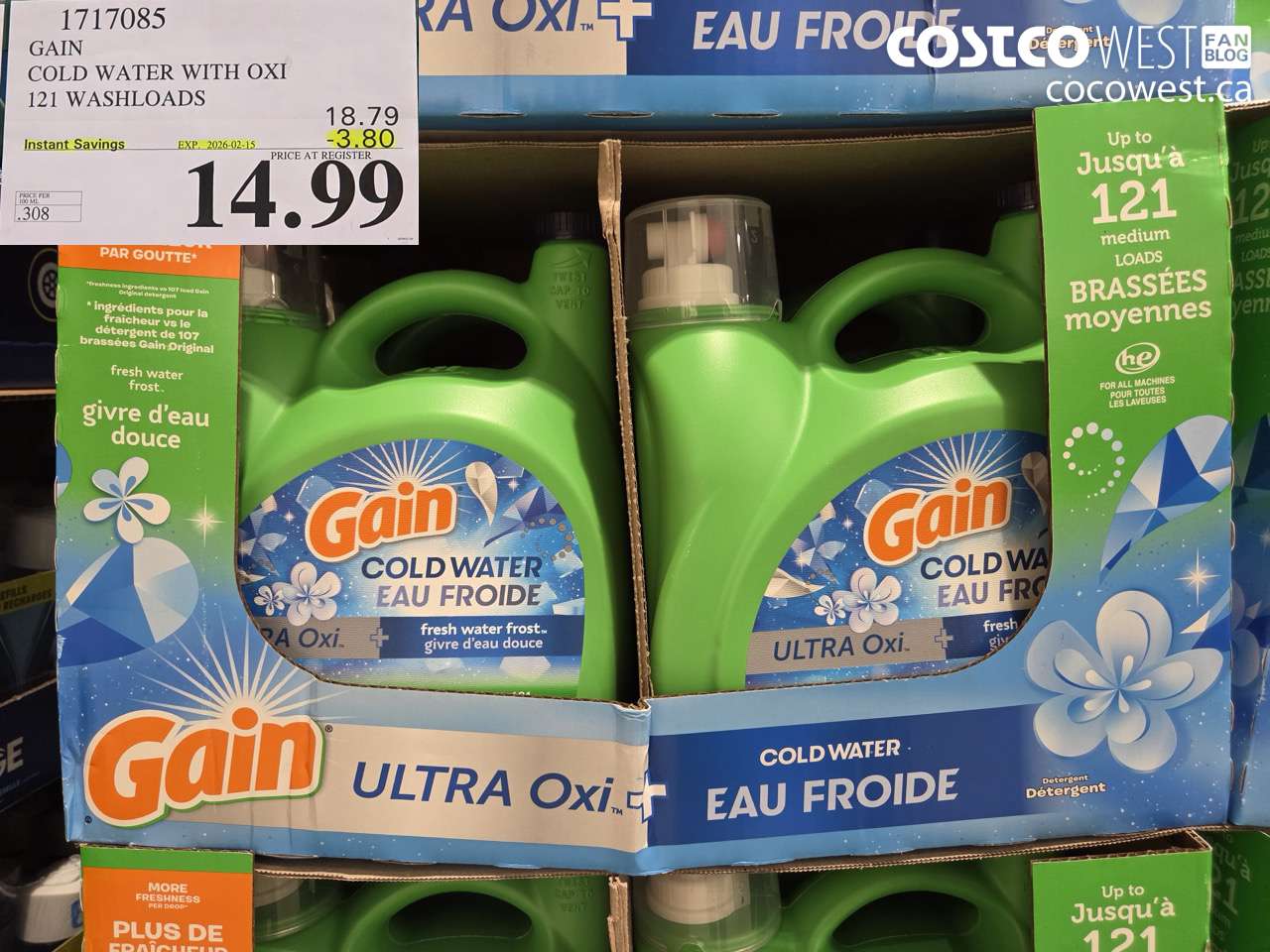 1717085 GAIN COLD WATER OXI LIQUID DETERGENT 121 WASHLOADS ($3.80 INSTANT SAVINGS EXPIRES ON 2026-02-15) $14.99