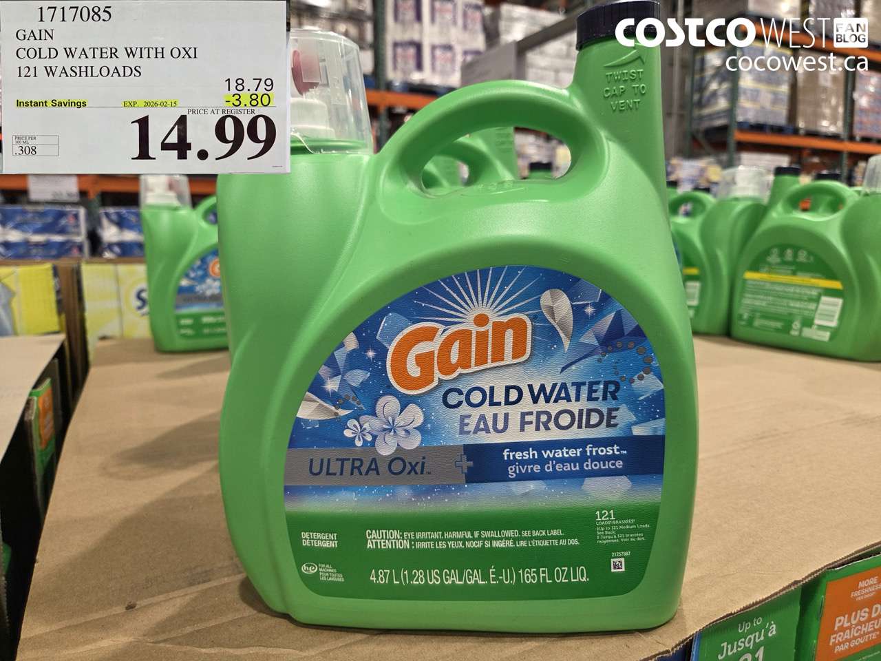 1717085 GAIN COLD WATER OXI LIQUID DETERGENT 121 WASHLOADS ($3.80 INSTANT SAVINGS EXPIRES ON 2026-02-15) $14.99