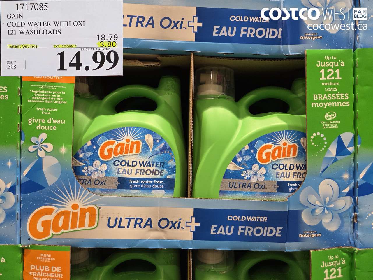 1717085 GAIN COLD WATER OXI LIQUID DETERGENT 121 WASHLOADS ($3.80 INSTANT SAVINGS EXPIRES ON 2026-02-15) $14.99
