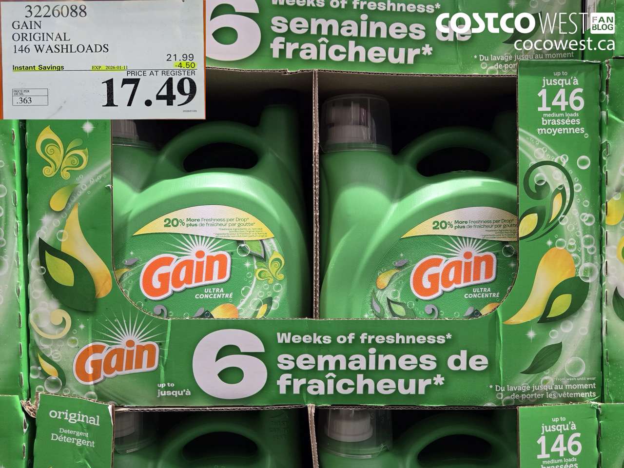 3226088 GAIN HE ULTRA LIQUID DETERGENT 4.82 L 146 WASHLOADS ($4.50 INSTANT SAVINGS EXPIRES ON 2026-01-11) $17.49