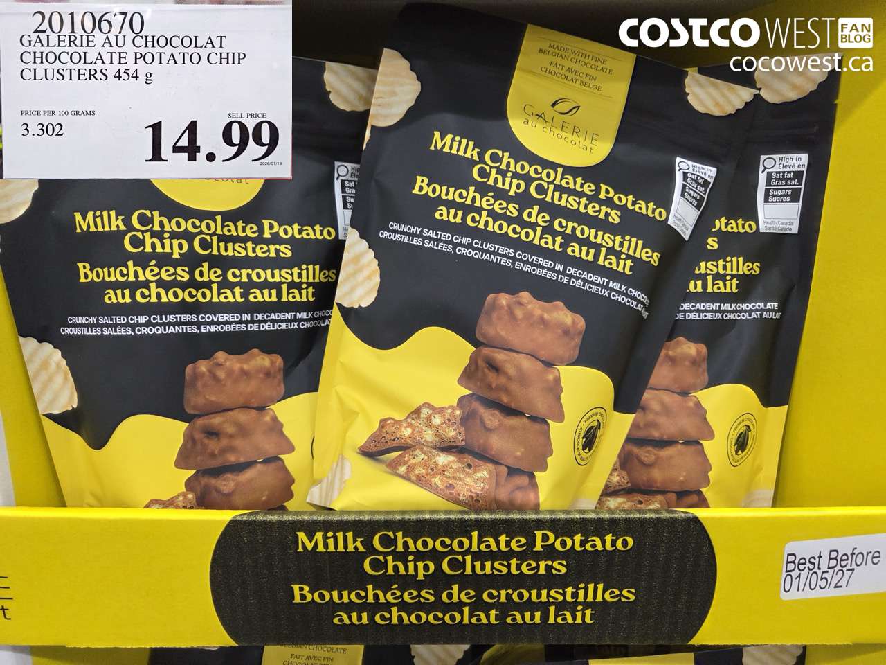 2010670 GALERIE AU CHOCOLAT CHOCOLATE POTATO CHIP CLUSTERS 454G $14.99