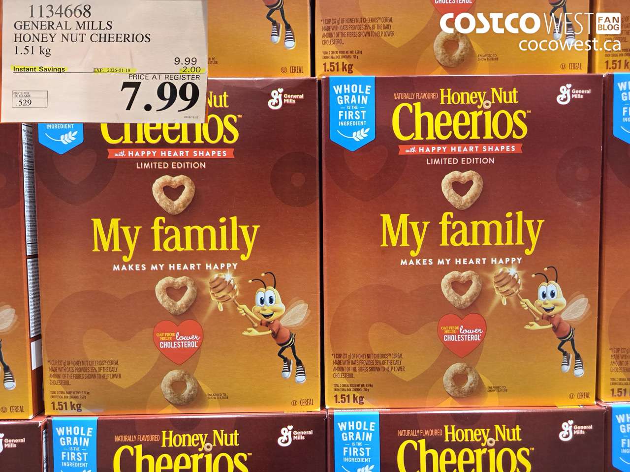 1134668 GENERAL MILLS HONEY NUT CHEERIOS 1.51 kg ($2.00 INSTANT SAVINGS EXPIRES ON 2026-01-18) $7.99