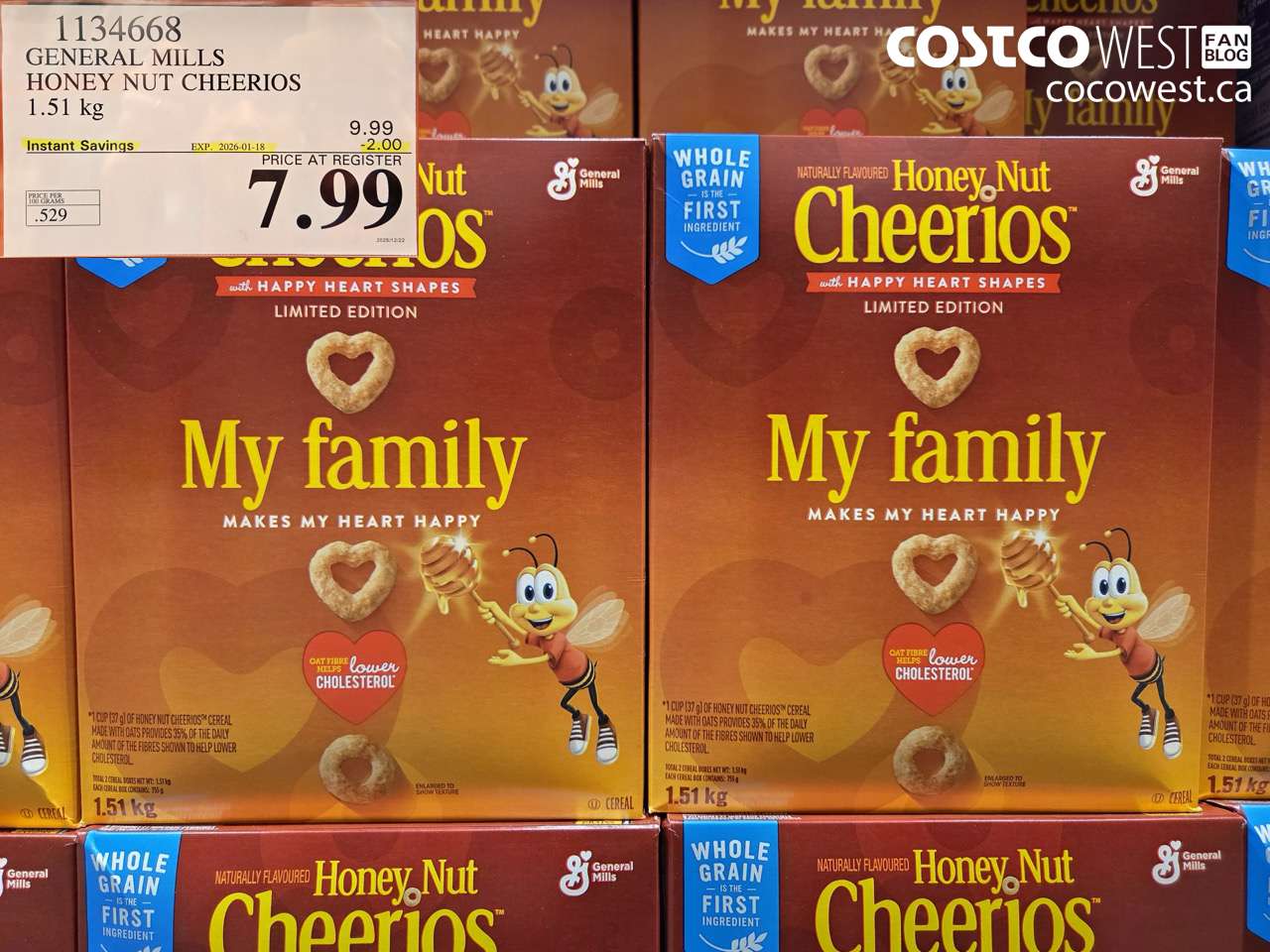 1134668 GENERAL MILLS HONEY NUT CHEERIOS 1.51 kg ($2.00 INSTANT SAVINGS EXPIRES ON 2026-01-18) $7.99