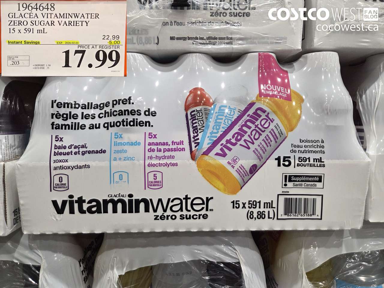 1964648 GLACEAU VITAMIN WATER ZERO SUGAR VARIETY 15 x 591 mL ($5.00 INSTANT SAVINGS EXPIRES ON 2026-02-01) $17.99