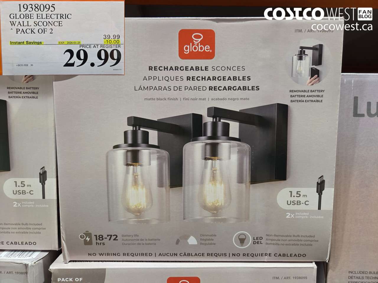 1938095 GLOBE ELECTRIC LED BLACK WALL SCONCE 2PK GLASS SHADE ($10.00 INSTANT SAVINGS EXPIRES ON 2026-01-25) $29.99