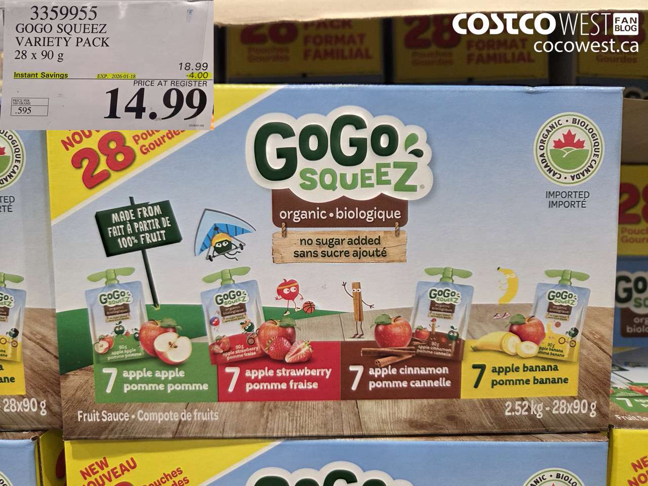 3359955 GOGO SQUEEZ VARIETY PACK 28 X 90G ($4.00 INSTANT SAVINGS EXPIRES ON 2026-01-18) $14.99