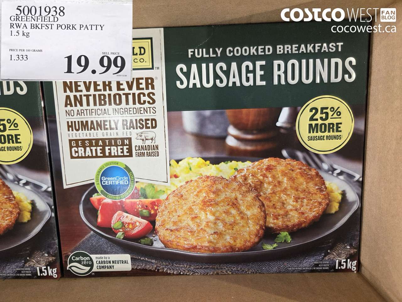 5001938 GREENFIELD RWA BKFST PORK PATTY 1.5KG $19.99