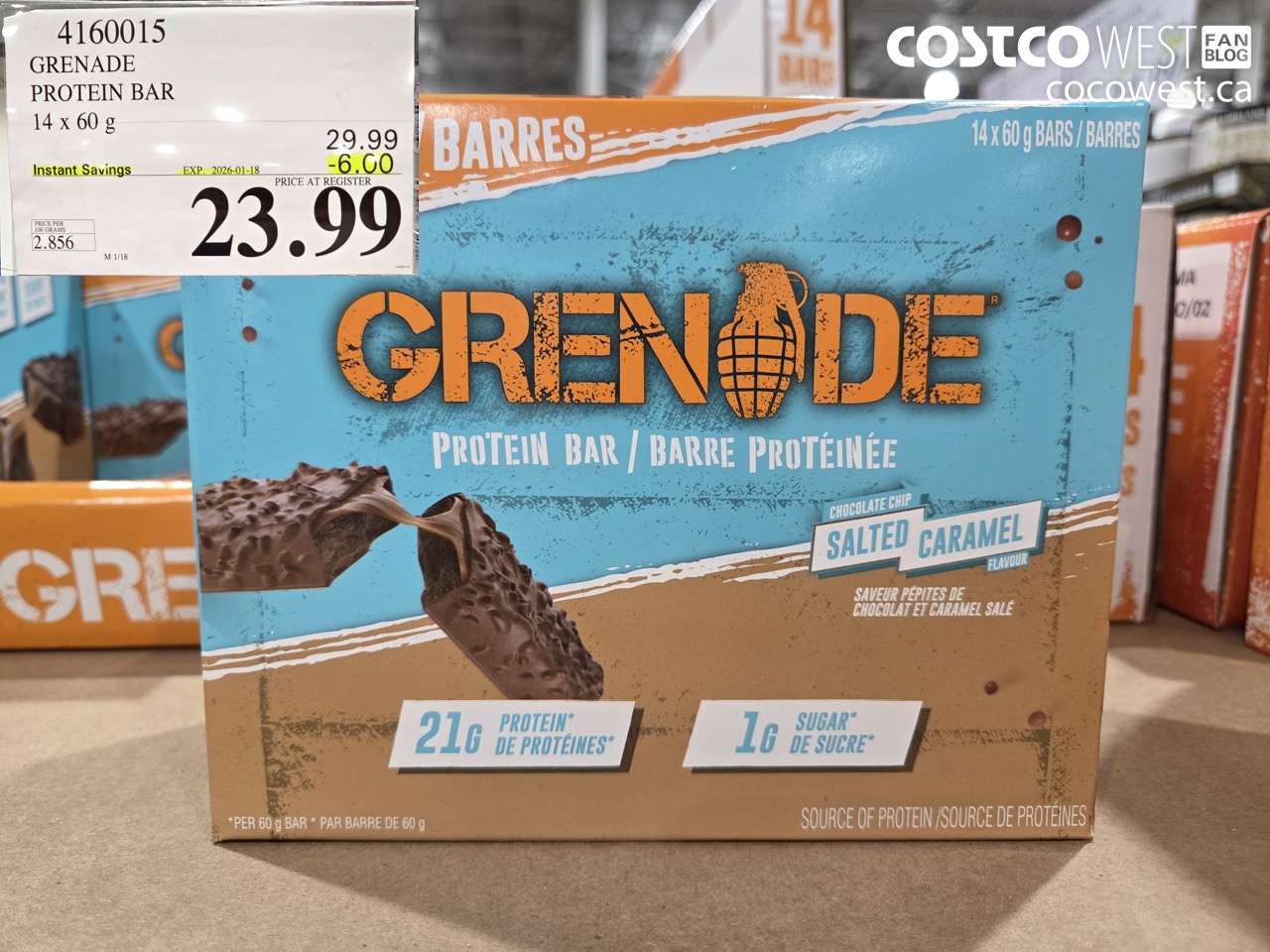 4160015 GRENADE PROTEIN BAR SALTED CARAMEL 14 X 60 G ($6.00 INSTANT SAVINGS EXPIRES ON 2026-01-18) $23.99