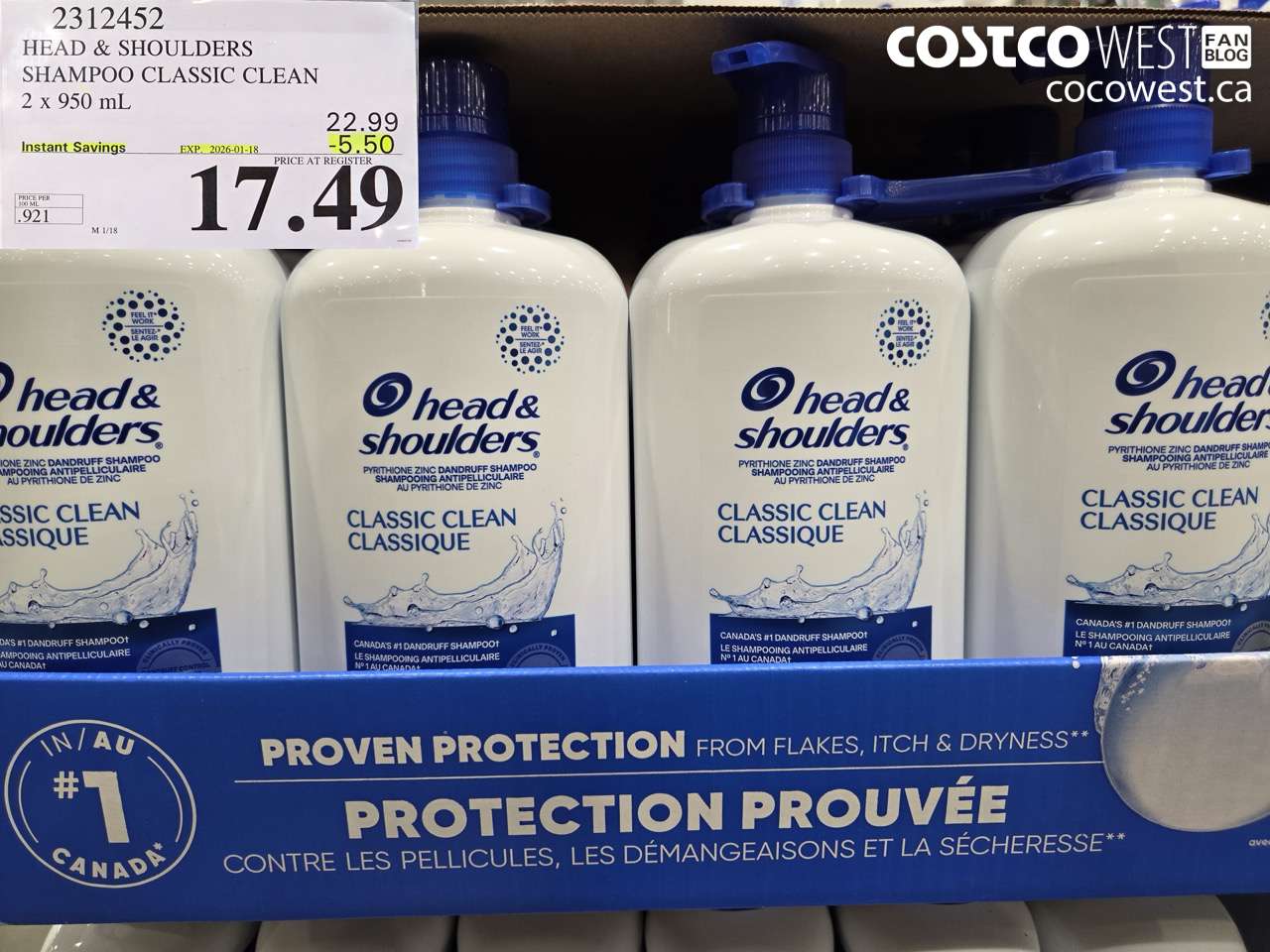 2312452 HEAD & SHOULDERS SHAMPOO CLASSIC CLEAN 2 X 950 ML ($5.50 INSTANT SAVINGS EXPIRES ON 2026-01-18) $17.49