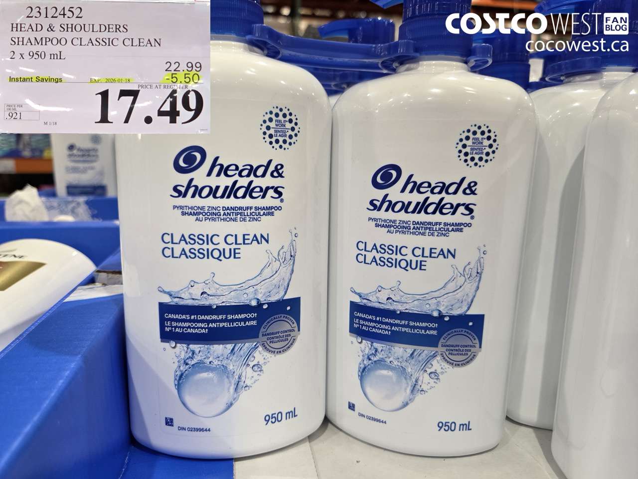 2312452 HEAD & SHOULDERS SHAMPOO CLASSIC CLEAN 2 X 950 ML ($5.50 INSTANT SAVINGS EXPIRES ON 2026-01-18) $17.49