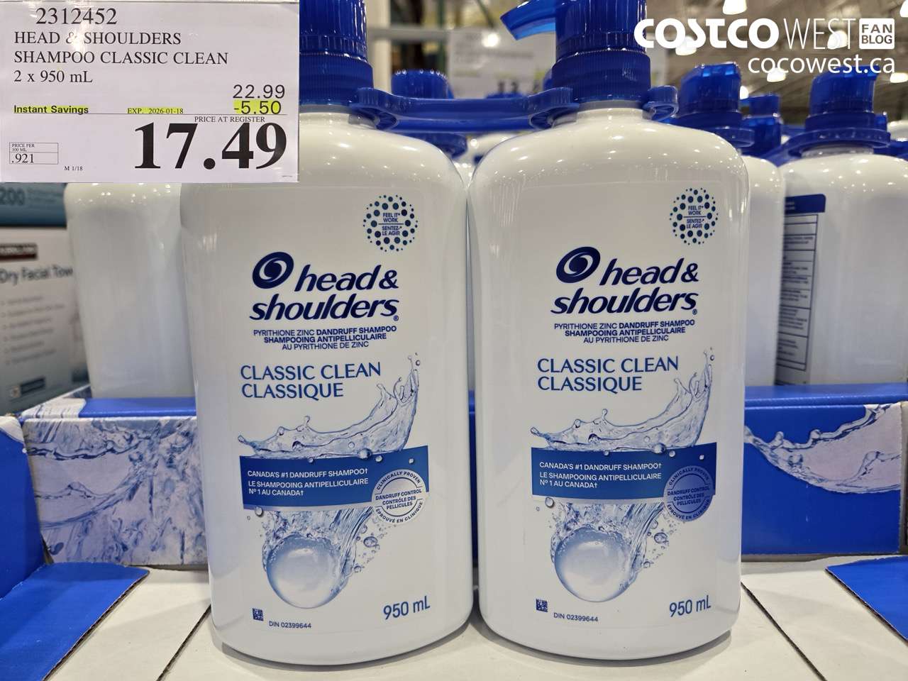 2312452 HEAD & SHOULDERS SHAMPOO CLASSIC CLEAN 2 X 950 ML ($5.50 INSTANT SAVINGS EXPIRES ON 2026-01-18) $17.49