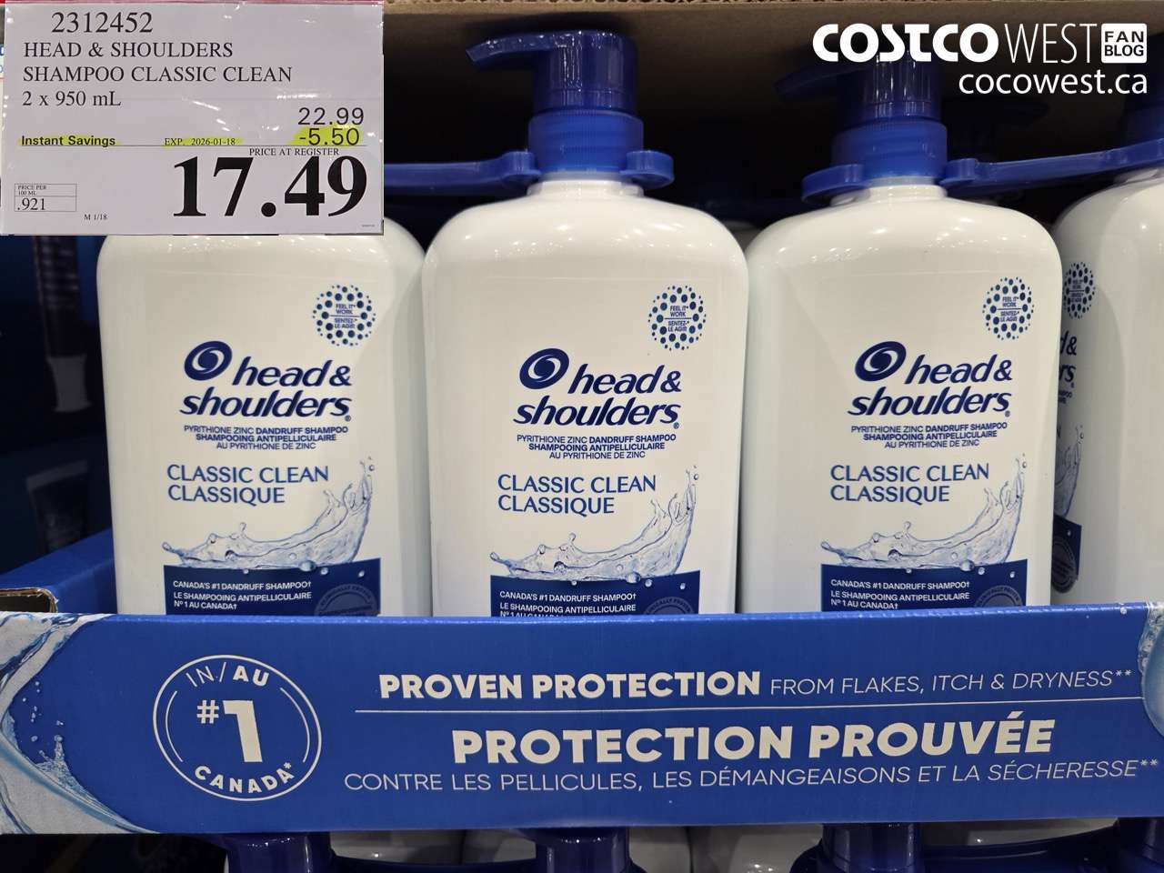2312452 HEAD & SHOULDERS SHAMPOO CLASSIC CLEAN 2 X 950 ML ($5.50 INSTANT SAVINGS EXPIRES ON 2026-01-18) $17.49