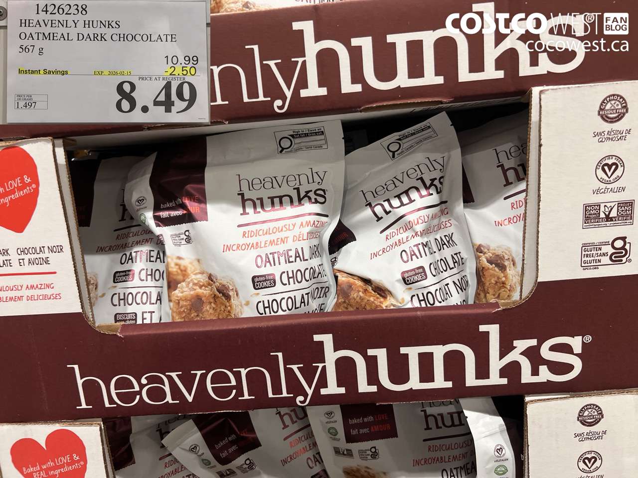 1426238 HEAVENLY HUNKS OATMEAL DARK CHOCGLATE 567 g ($2.50 INSTANT SAVINGS EXPIRES ON 2026-02-15) $8.49