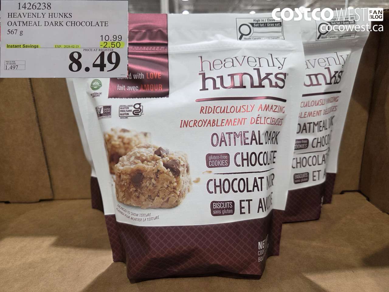 1426238 HEAVENLY HUNKS OATMEAL DARK CHOCGLATE 567 g ($2.50 INSTANT SAVINGS EXPIRES ON 2026-02-15) $8.49