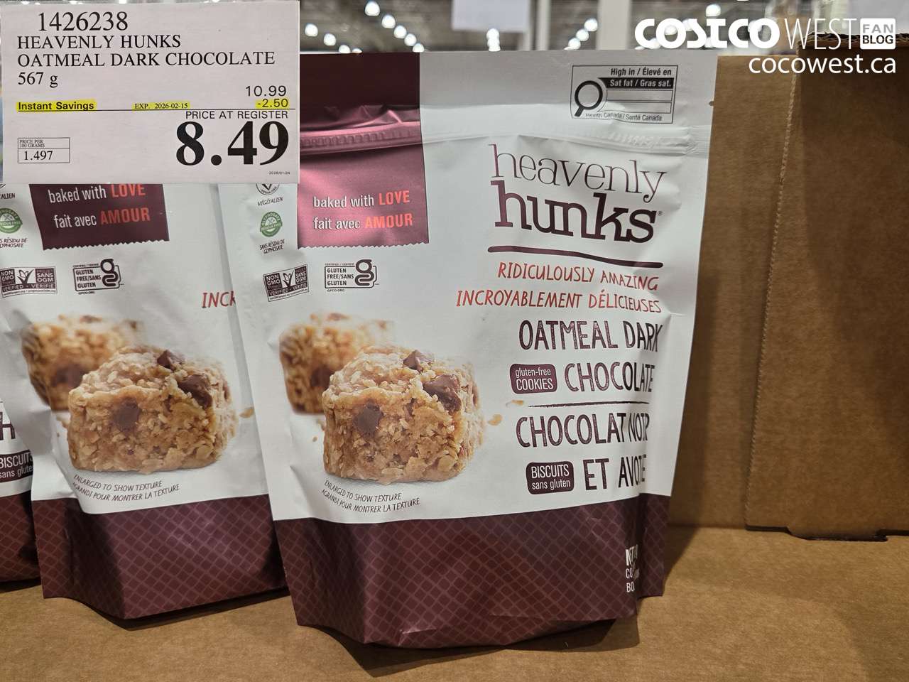 1426238 HEAVENLY HUNKS OATMEAL DARK CHOCGLATE 567 g ($2.50 INSTANT SAVINGS EXPIRES ON 2026-02-15) $8.49