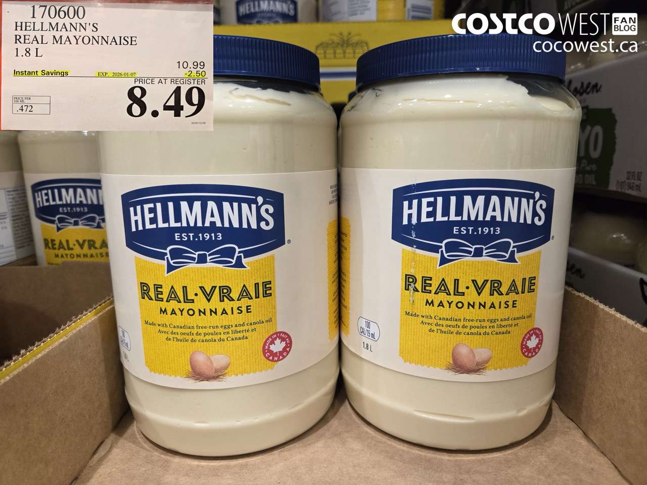 170600 HELLMANN'S REAL MAYONNAISE 1.8 L ($2.50 INSTANT SAVINGS EXPIRES ON 2026-01-07) $8.49