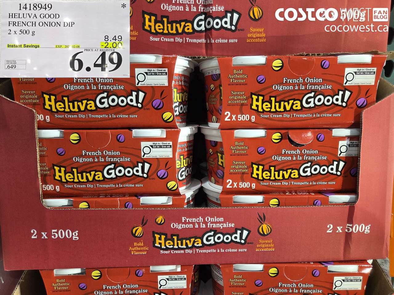 1418949 HELUVA GOOD FRENCH ONION DIP 2 x 500g ($2.00 INSTANT SAVINGS EXPIRES ON 2026-02-08) $6.49