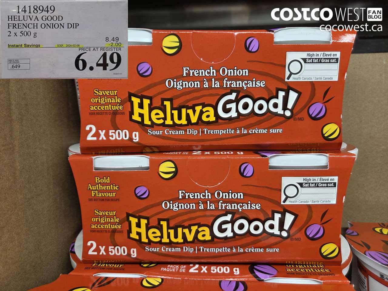 1418949 HELUVA GOOD FRENCH ONION DIP 2 x 500g ($2.00 INSTANT SAVINGS EXPIRES ON 2026-02-08) $6.49