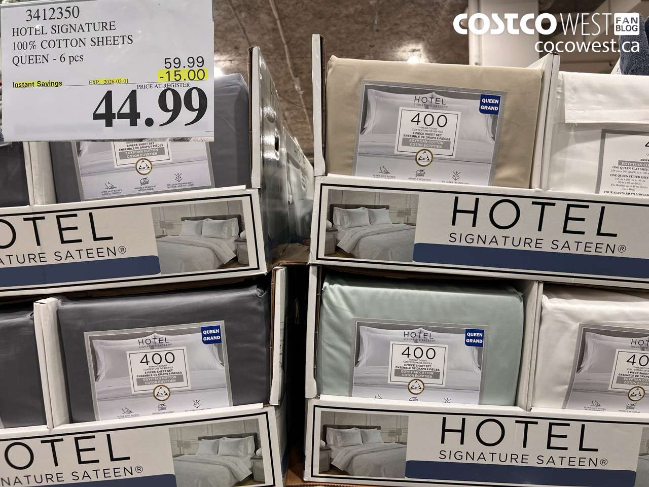 3412350 HOTEL SIGNATURE 400TC COTTON SHEETS QUEEN 6PC ($15.00 INSTANT SAVINGS EXPIRES ON 2026-02-01) $44.99