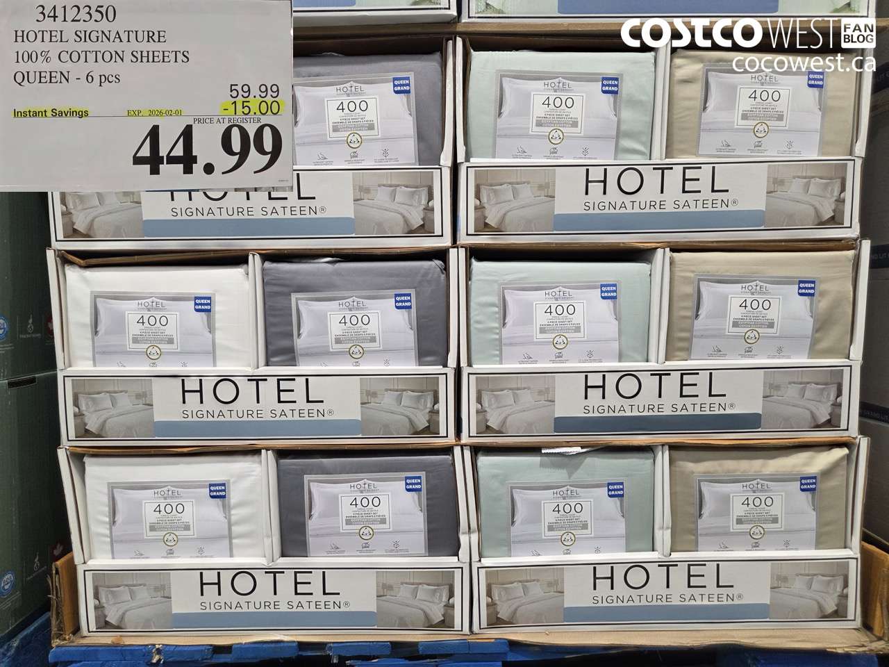 3412350 HOTEL SIGNATURE 400TC COTTON SHEETS QUEEN 6PC ($15.00 INSTANT SAVINGS EXPIRES ON 2026-02-01) $44.99