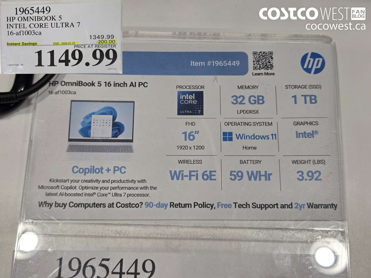 1965449 HP OMNIBOOK 5 INTEL CORE ULTRA 7 16-AF1003CA ($200.00 INSTANT SAVINGS EXPIRES ON 2026-01-18) $1149.99