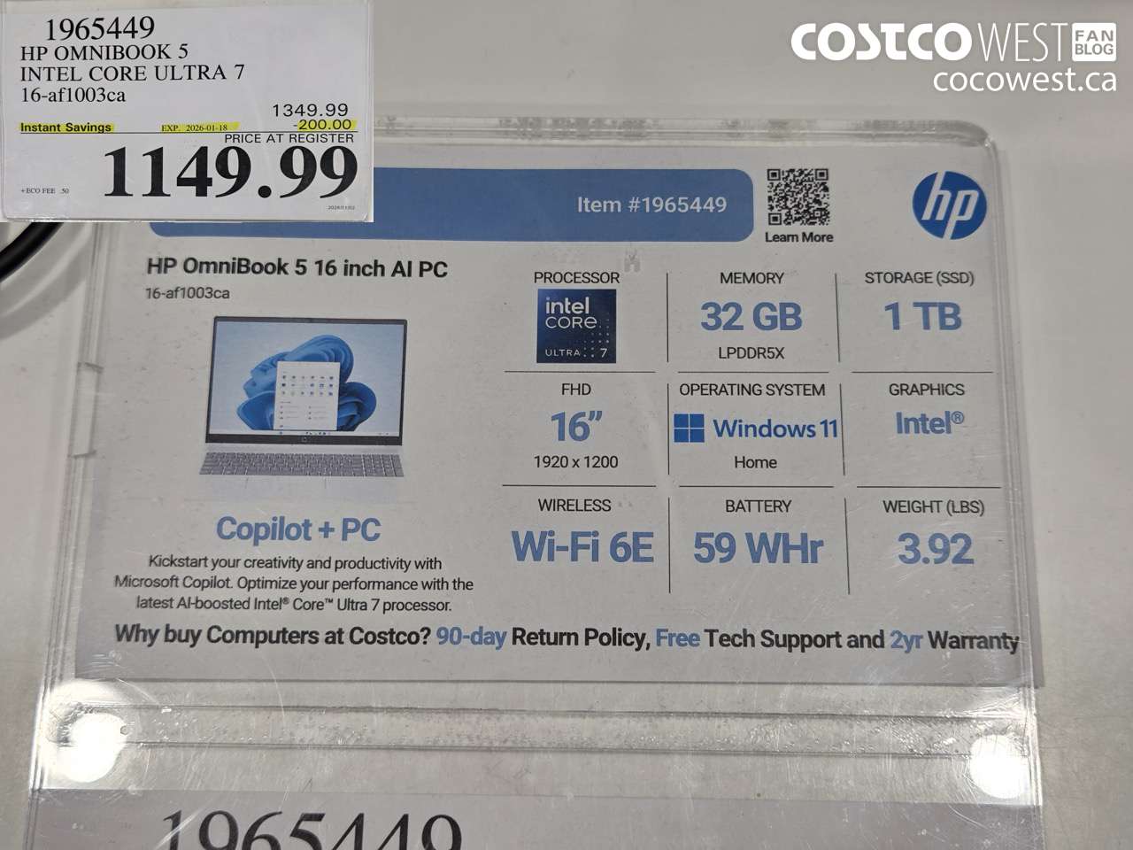 1965449 HP OMNIBOOK 5 INTEL CORE ULTRA 7 16-AF1003CA ($200.00 INSTANT SAVINGS EXPIRES ON 2026-01-18) $1149.99