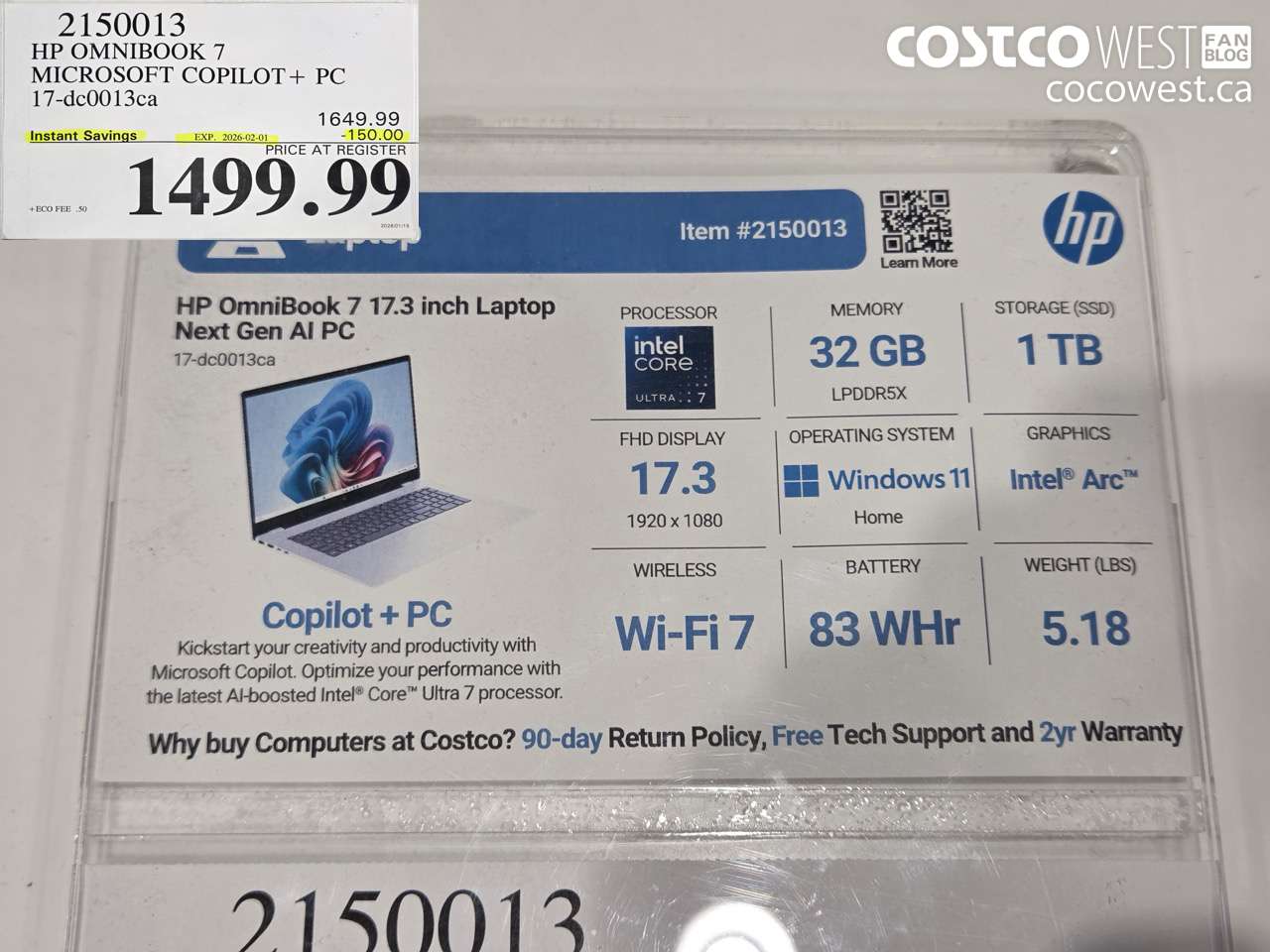 2150013 HP OMNIBOOK 7 MICROSOFT COPILOT+ PC 17-DC0013CA ($150.00 INSTANT SAVINGS EXPIRES ON 2026-02-01) $1499.99