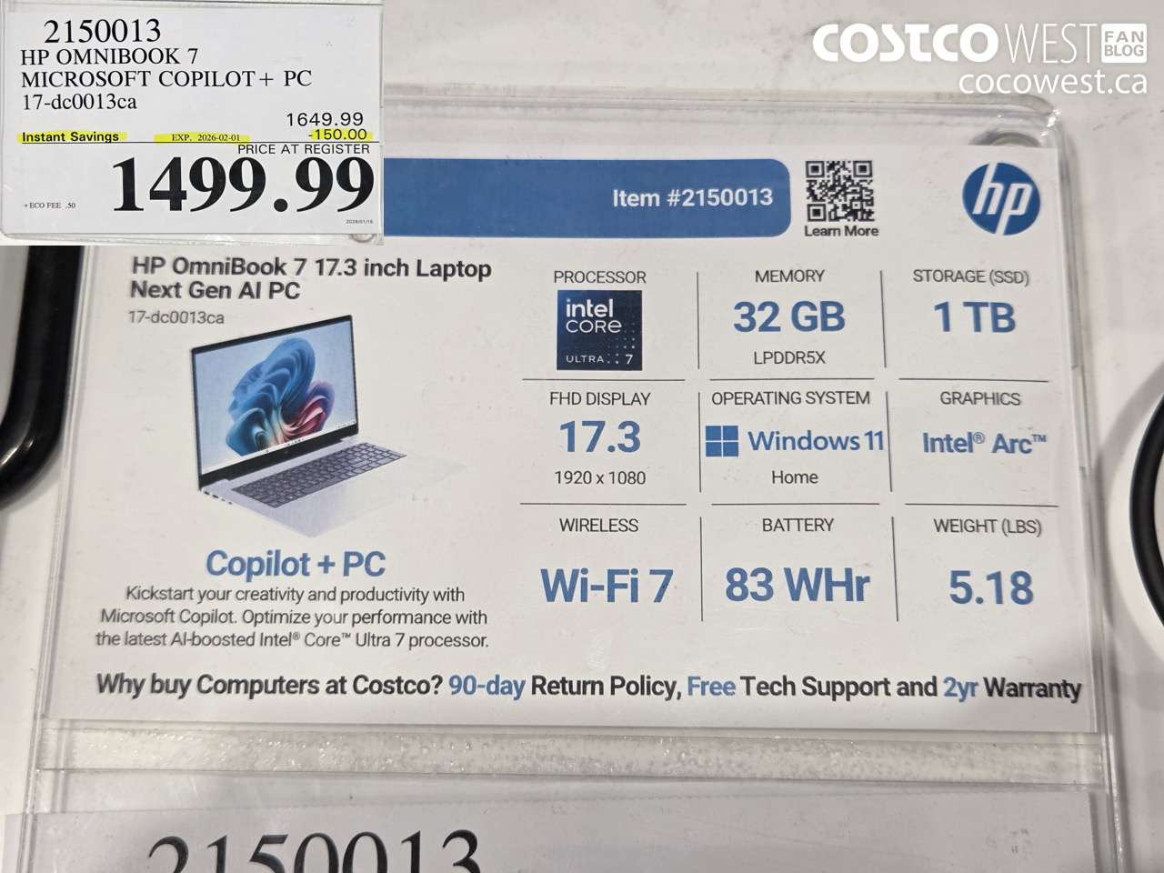 2150013 HP OMNIBOOK 7 MICROSOFT COPILOT+ PC 17-DC0013CA ($150.00 INSTANT SAVINGS EXPIRES ON 2026-02-01) $1499.99