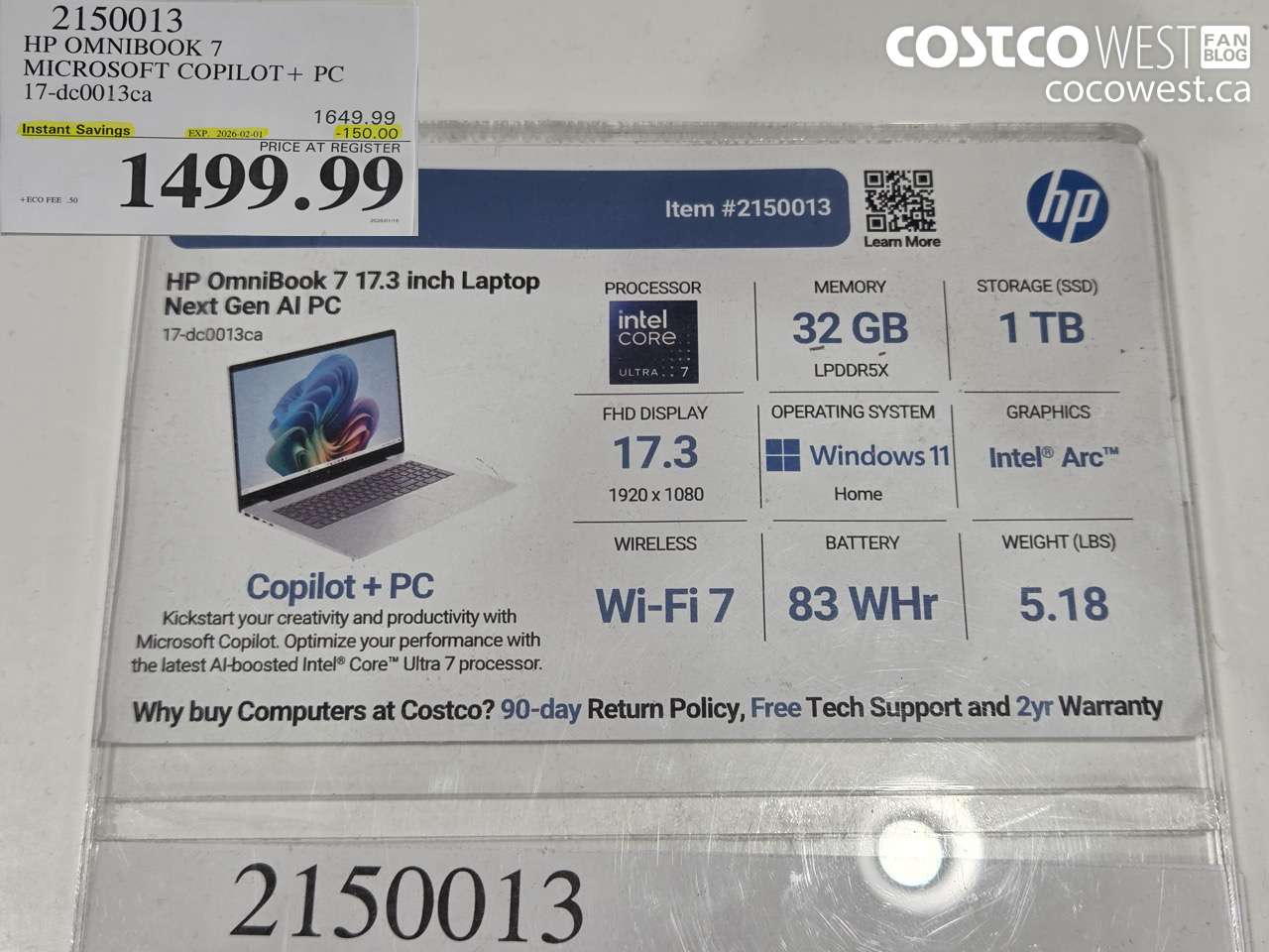 2150013 HP OMNIBOOK 7 MICROSOFT COPILOT+ PC 17-DC0013CA ($150.00 INSTANT SAVINGS EXPIRES ON 2026-02-01) $1499.99