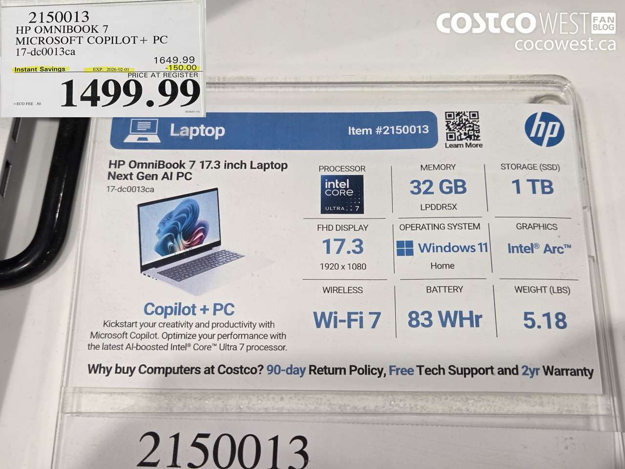 2150013 HP OMNIBOOK 7 MICROSOFT COPILOT+ PC 17-DC0013CA ($150.00 INSTANT SAVINGS EXPIRES ON 2026-02-01) $1499.99