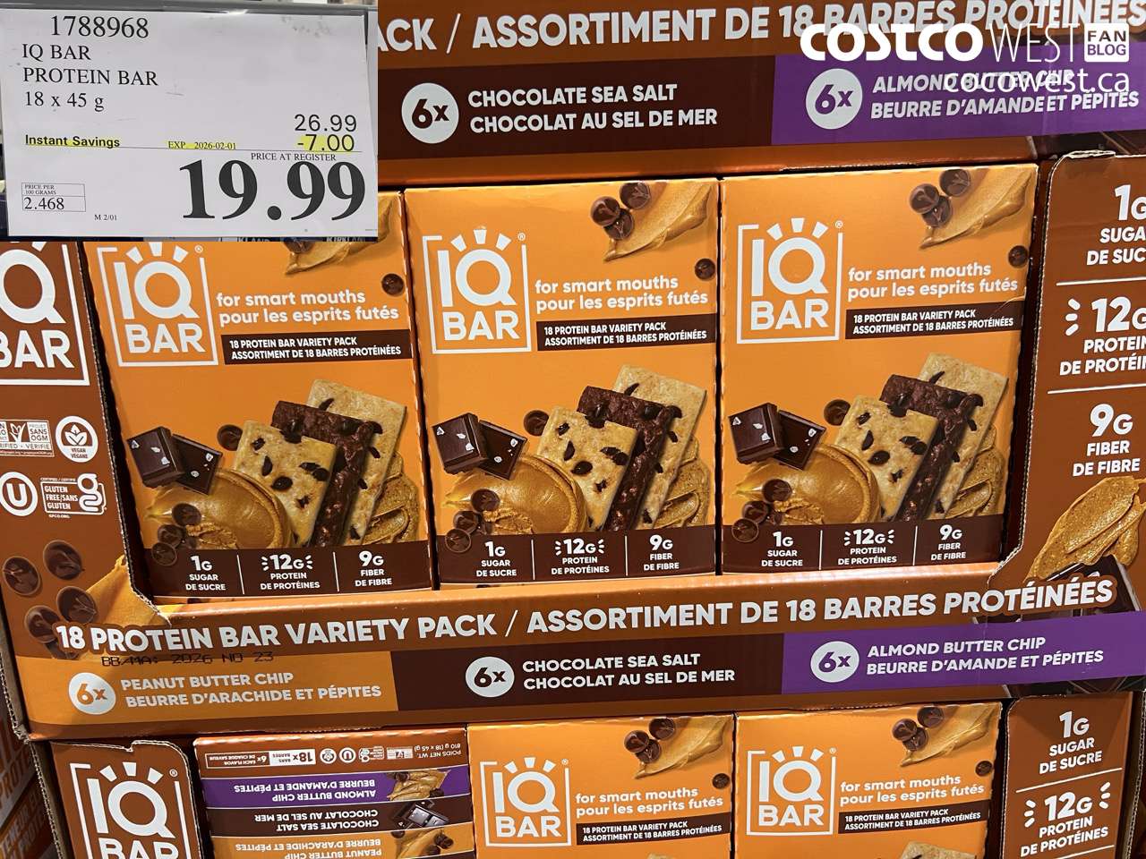 1788968 IQ BAR PROTEIN BAR 18 X 45G ($7.00 INSTANT SAVINGS EXPIRES ON 2026-02-01) $19.99