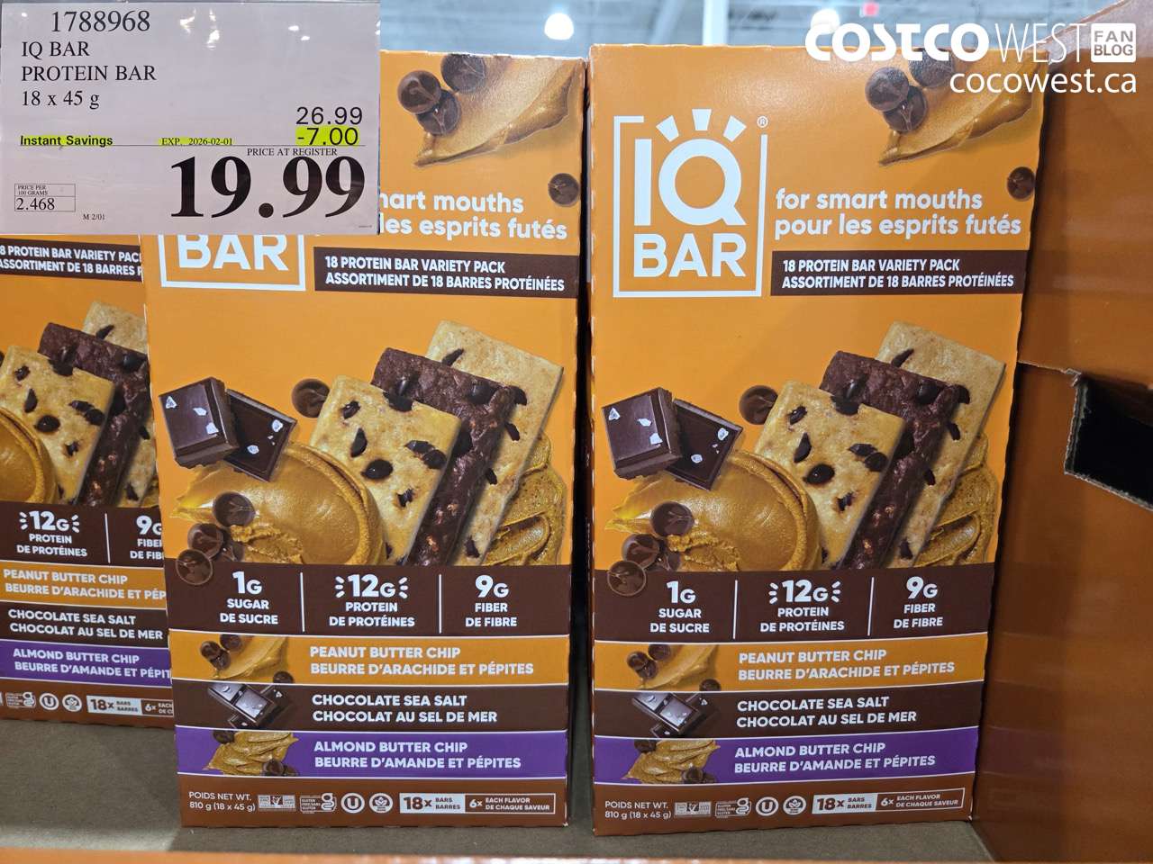 1788968 IQ BAR PROTEIN BAR 18 X 45G ($7.00 INSTANT SAVINGS EXPIRES ON 2026-02-01) $19.99