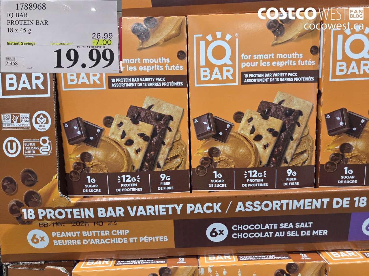 1788968 IQ BAR PROTEIN BAR 18 X 45G ($7.00 INSTANT SAVINGS EXPIRES ON 2026-02-01) $19.99