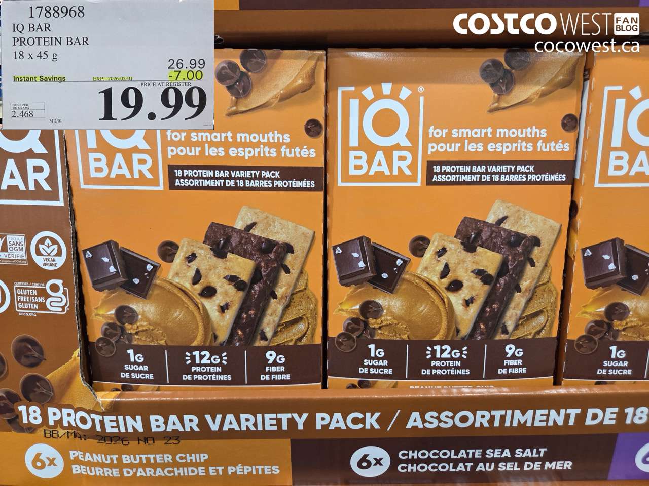1788968 IQ BAR PROTEIN BAR 18 X 45G ($7.00 INSTANT SAVINGS EXPIRES ON 2026-02-01) $19.99