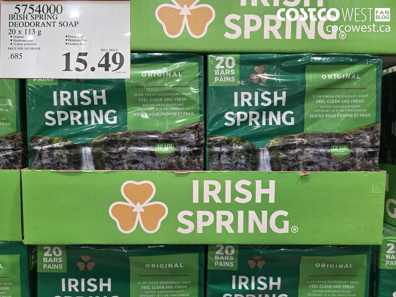 5754000 IRISH SPRING DEODORANT SOAP 20 x 113 g $15.49