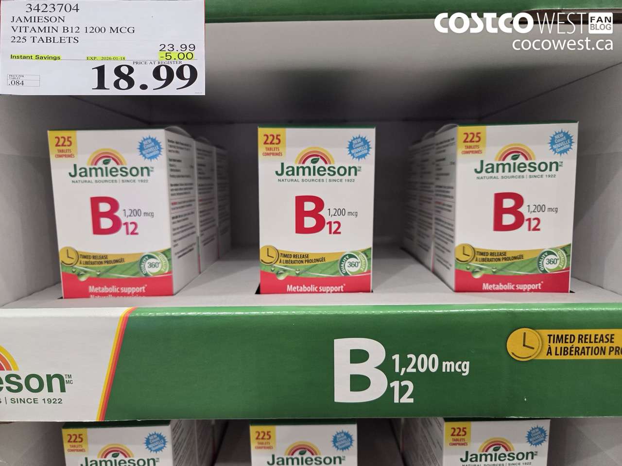 3423704 JAMIESON VITAMIN B12 1200 MCG 225 TABLETS ($5.00 INSTANT SAVINGS EXPIRES ON 2026-01-18) $18.99