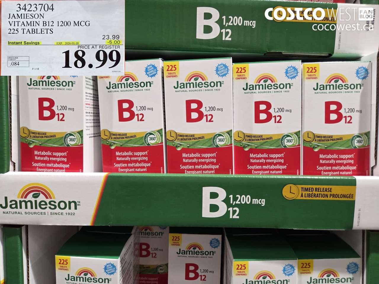 3423704 JAMIESON VITAMIN B12 1200 MCG 225 TABLETS ($5.00 INSTANT SAVINGS EXPIRES ON 2026-01-18) $18.99