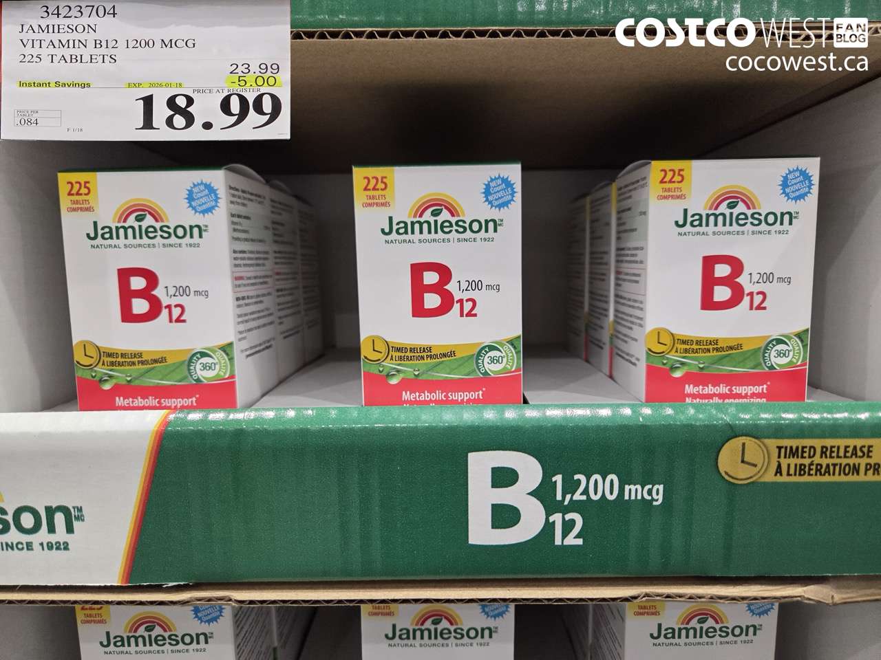 3423704 JAMIESON VITAMIN B12 1200 MCG 225 TABLETS ($5.00 INSTANT SAVINGS EXPIRES ON 2026-01-18) $18.99