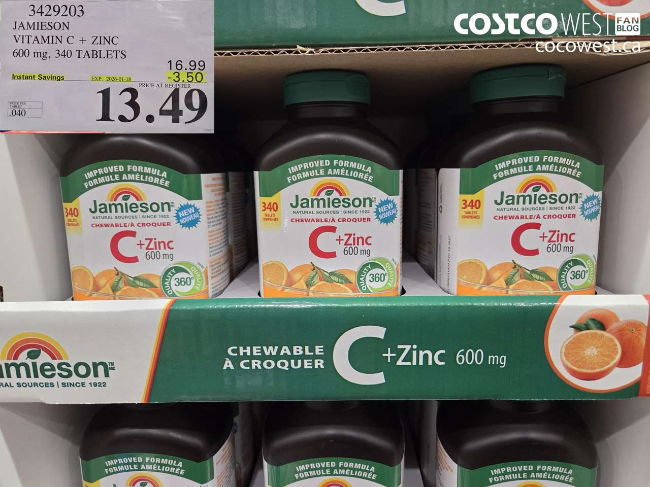3429203 JAMIESON VITAMIN C + ZINC 600MG, 340 TABLETS ($3.50 INSTANT SAVINGS EXPIRES ON 2026-01-18) $13.49