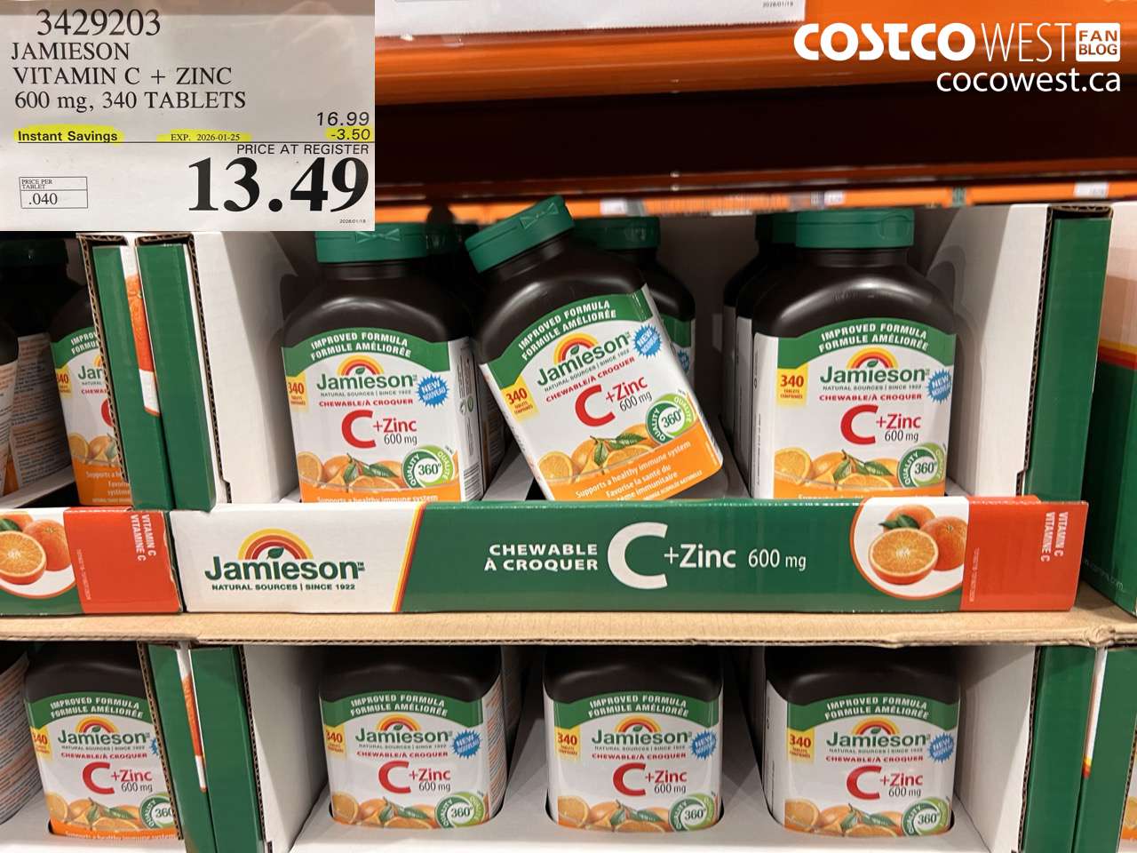 3429203 JAMIESON VITAMIN C + ZINC 600MG, 340 TABLETS ($3.50 INSTANT SAVINGS EXPIRES ON 2026-01-25) $13.49
