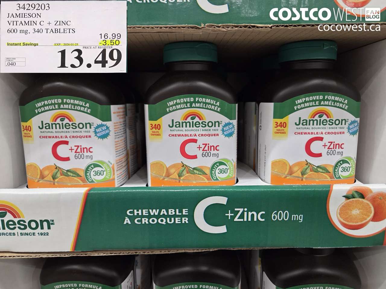 3429203 JAMIESON VITAMIN C + ZINC 600MG, 340 TABLETS ($3.50 INSTANT SAVINGS EXPIRES ON 2026-01-25) $13.49