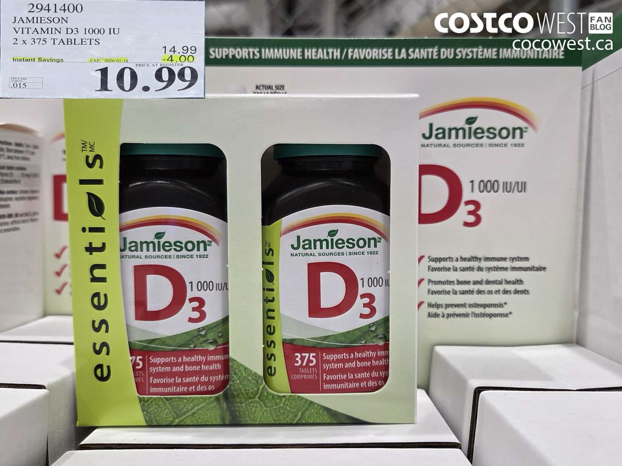2941400 JAMIESON VITAMIN D3 1000IU 2X375 TABLETS ($4.00 INSTANT SAVINGS EXPIRES ON 2026-01-18) $10.99