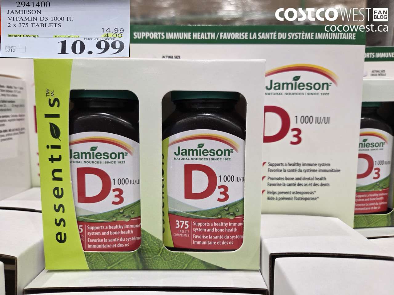 2941400 JAMIESON VITAMIN D3 1000IU 2X375 TABLETS ($4.00 INSTANT SAVINGS EXPIRES ON 2026-01-18) $10.99