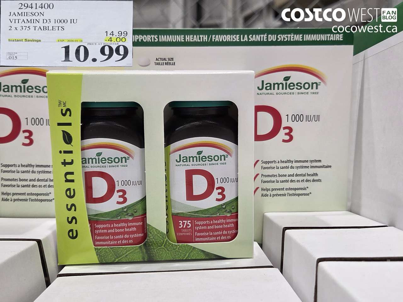 2941400 JAMIESON VITAMIN D3 1000IU 2X375 TABLETS ($4.00 INSTANT SAVINGS EXPIRES ON 2026-01-18) $10.99