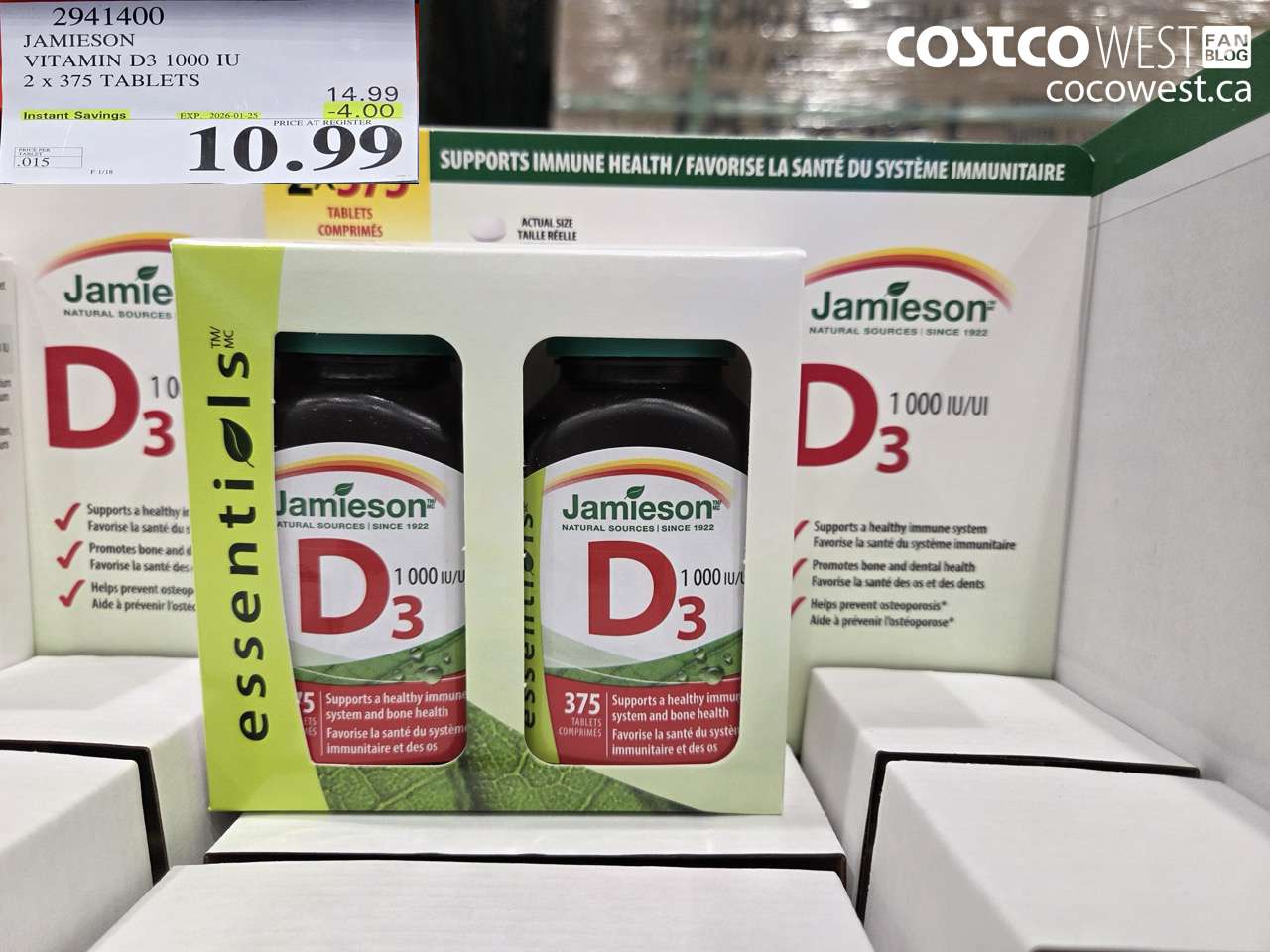 2941400 JAMIESON VITAMIN D3 1000IU 2X375 TABLETS ($4.00 INSTANT SAVINGS EXPIRES ON 2026-01-25) $10.99