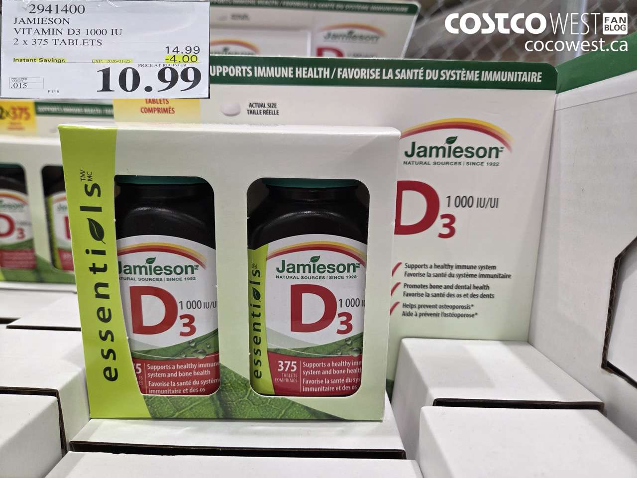 2941400 JAMIESON VITAMIN D3 1000IU 2X375 TABLETS ($4.00 INSTANT SAVINGS EXPIRES ON 2026-01-25) $10.99