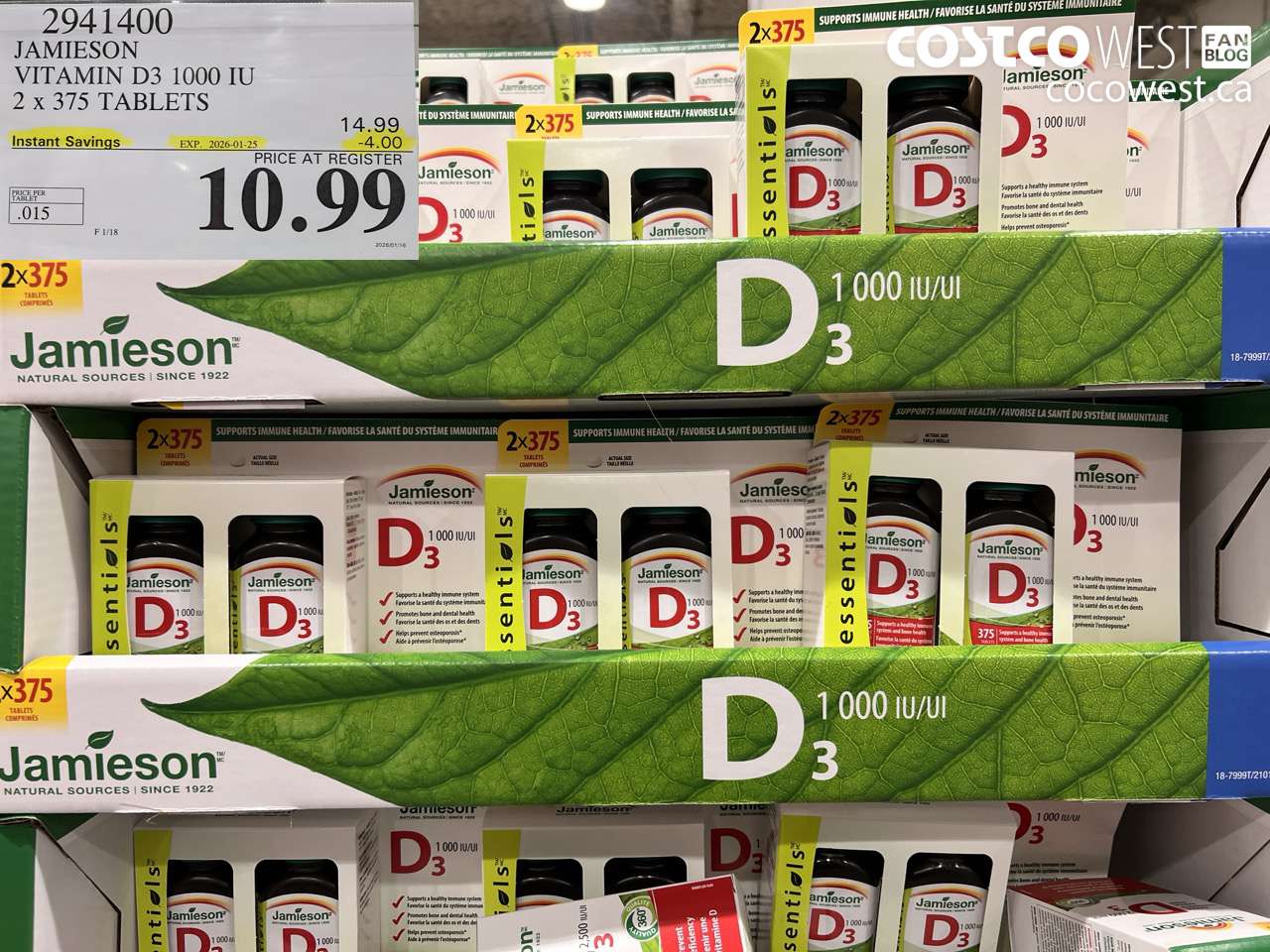 2941400 JAMIESON VITAMIN D3 1000IU 2X375 TABLETS ($4.00 INSTANT SAVINGS EXPIRES ON 2026-01-25) $10.99
